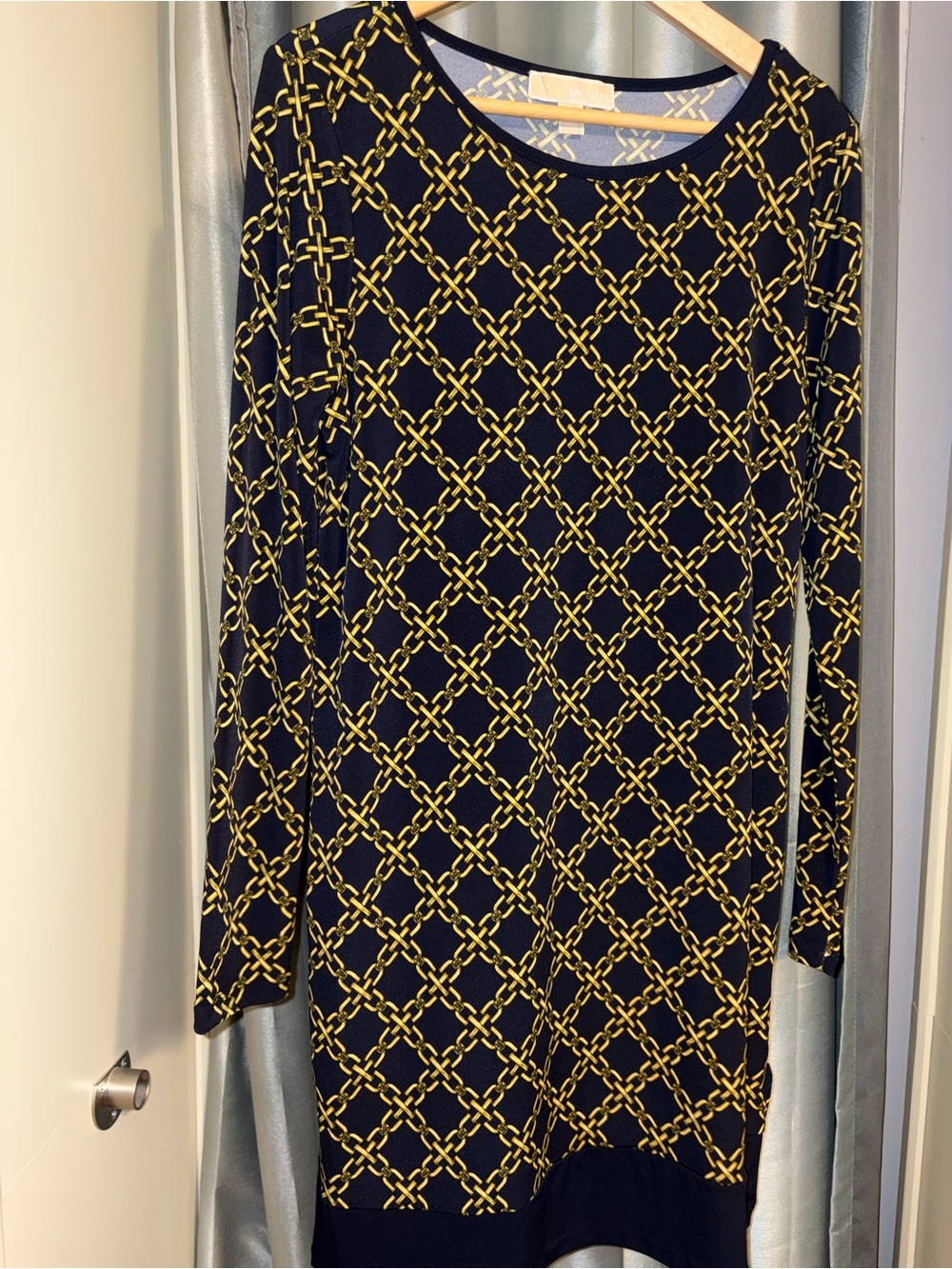 Michael Kors Women's Navy and Yellow Chain-Print Long Sleeve Dress